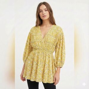 FREE PEOPLE 100% Rayon Ditsy Floral Print Oversized Top Balloon Sleeves Sz S